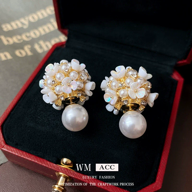 Alloy Stud Earrings With Inlaid Zircon Pearl Ball Flower Pattern Light Luxury Style For Women - Image 2
