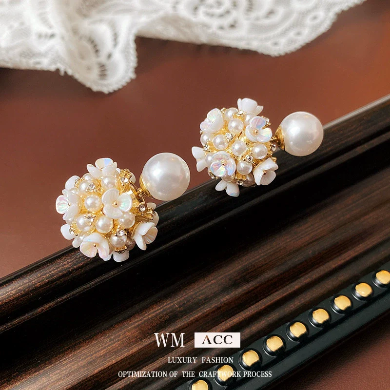 Alloy Stud Earrings With Inlaid Zircon Pearl Ball Flower Pattern Light Luxury Style For Women - Image 3