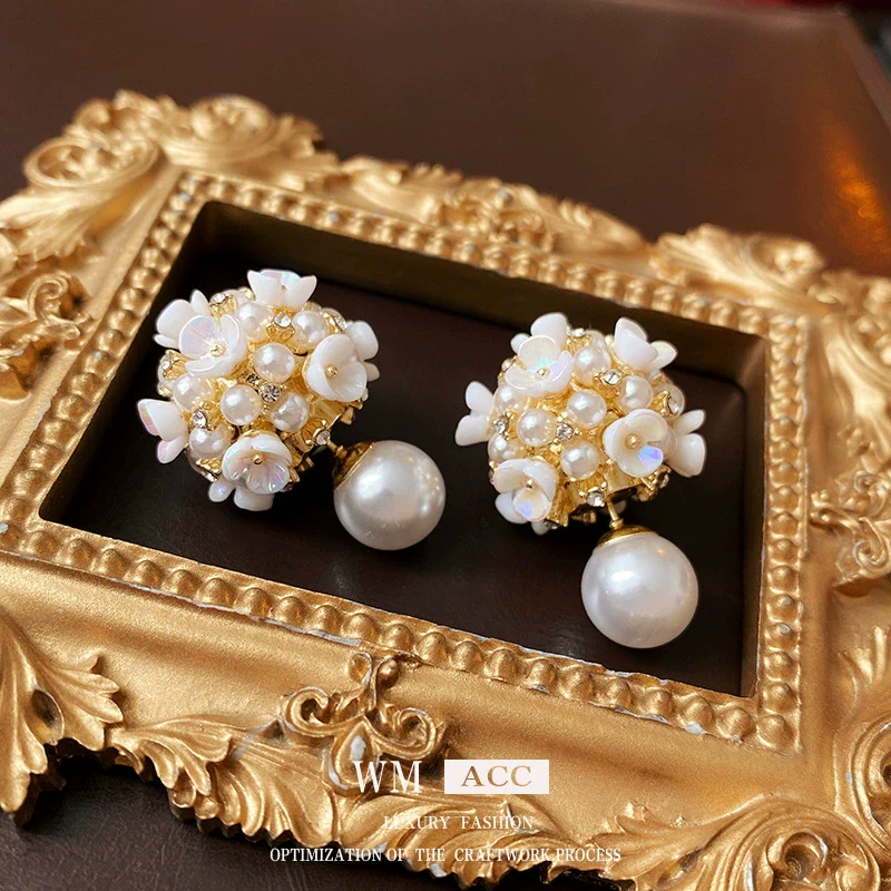 Alloy Stud Earrings With Inlaid Zircon Pearl Ball Flower Pattern Light Luxury Style For Women - Image 4