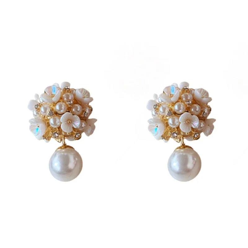 Alloy Stud Earrings With Inlaid Zircon Pearl Ball Flower Pattern Light Luxury Style For Women - Image 5