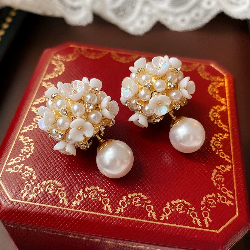 Alloy Stud Earrings With Inlaid Zircon Pearl Ball Flower Pattern Light Luxury Style For Women - Image 6