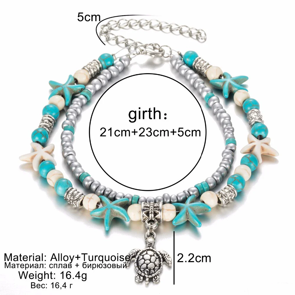 Alloy Turquoise Turtle Shell Starfish Pendant Anklet Geometric Retro Multilayer Unisex Beach Footwear - Image 2