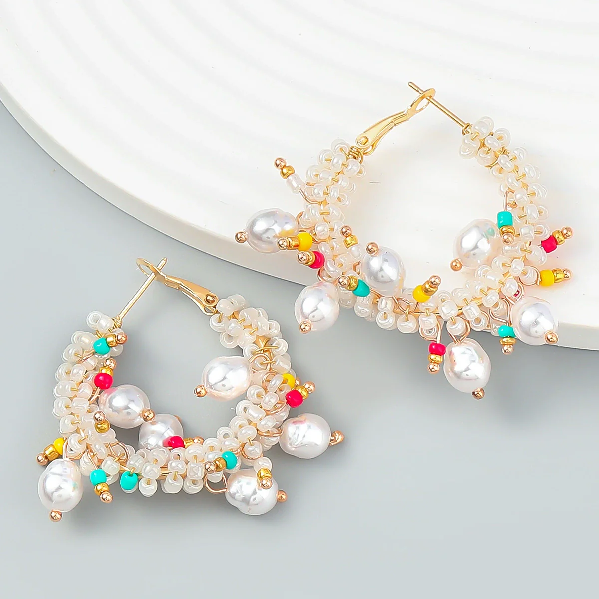 Alloy Woven Flower And Geometric Imitation Pearl Earrings For Women - Image 2