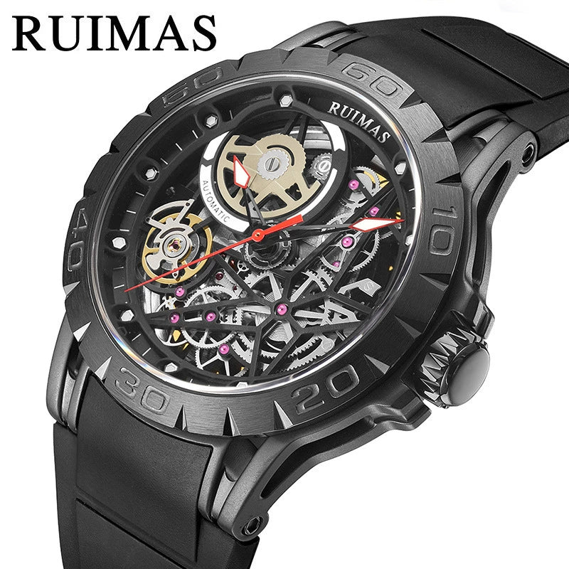 Automatic Mechanical Men's Watch With Silicone Strap Alloy Case Sapphire Crystal Glass Mirror Round Dial