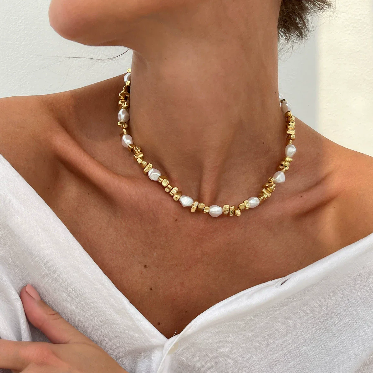 Baroque Imitation Pearl Beaded Geometric Star Tassel Alloy Electroplated Necklace For Women