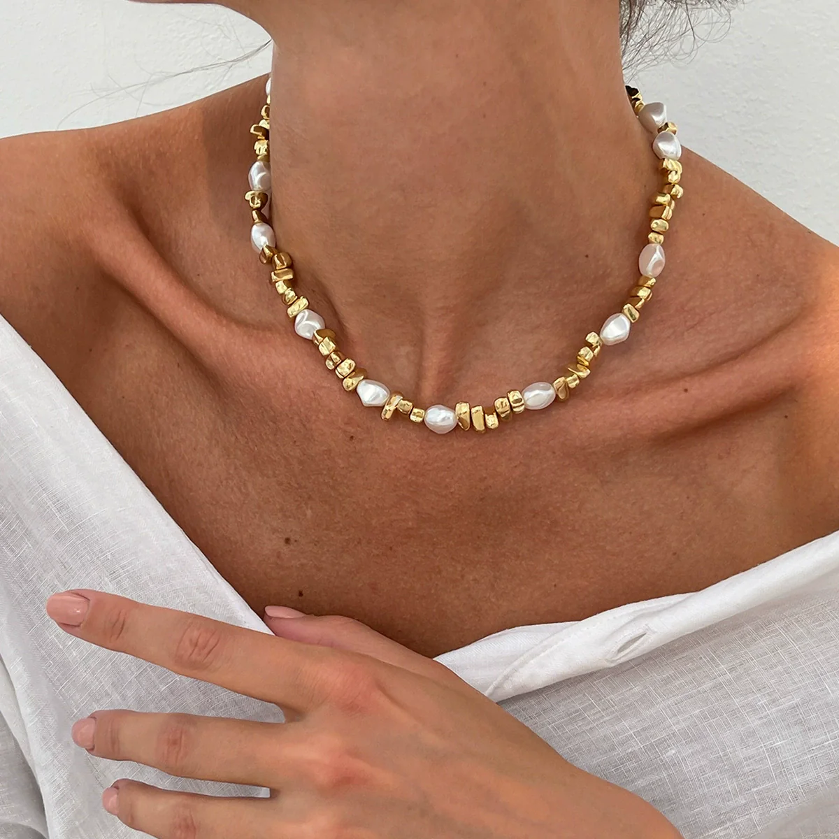 Baroque Imitation Pearl Beaded Geometric Star Tassel Alloy Electroplated Necklace For Women - Image 8