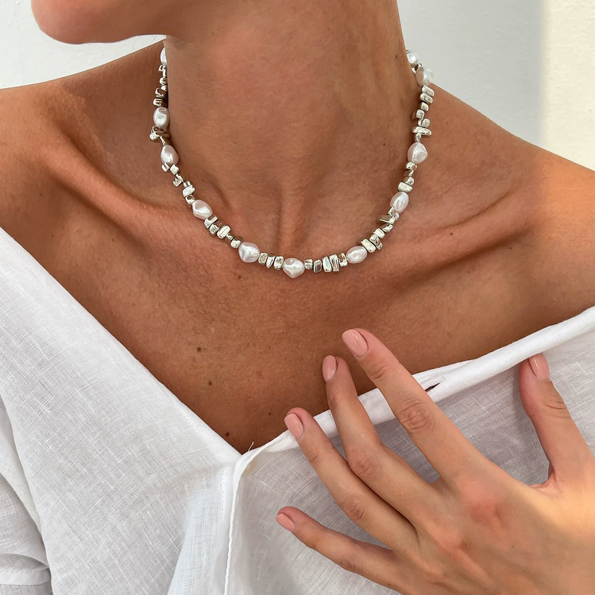 Baroque Imitation Pearl Beaded Geometric Star Tassel Alloy Electroplated Necklace For Women - Image 9