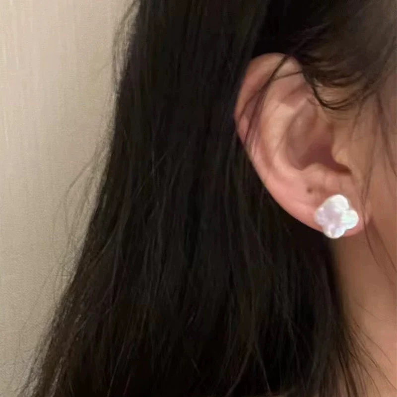 Baroque Style Freshwater Pearl 925 Silver Needle Four Leaf Clover Earrings For Women - Image 2
