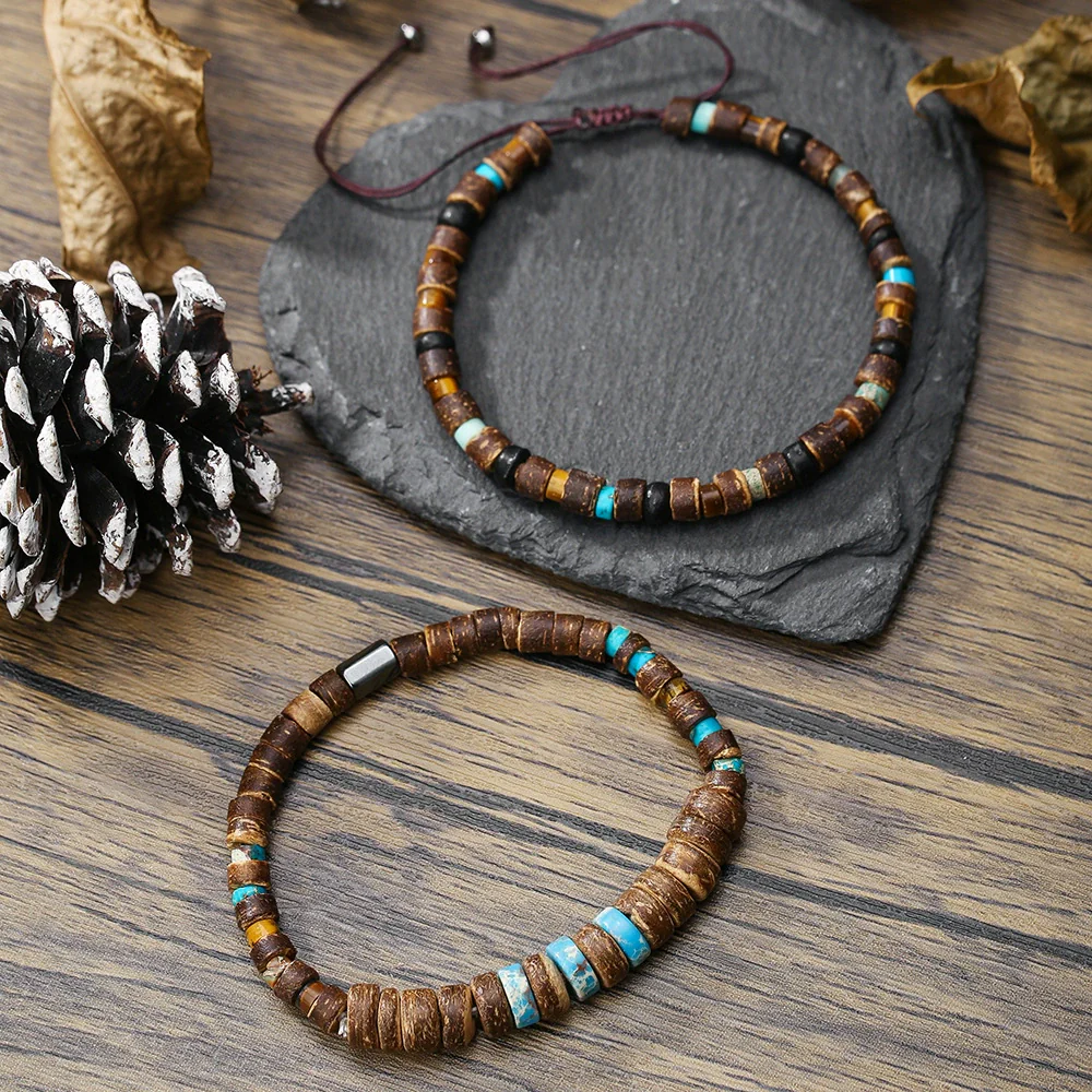 Bead Bracelet Wooden Pine Stone Geometric Handmade Bohemian Style Unisex - Image 2