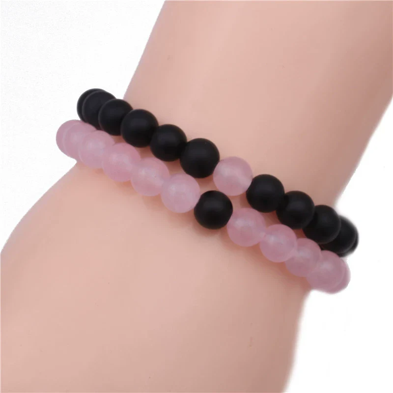 Beaded Couple Bracelet Rhodolite Pink Turquoise Handmade Flower Pattern - Image 9