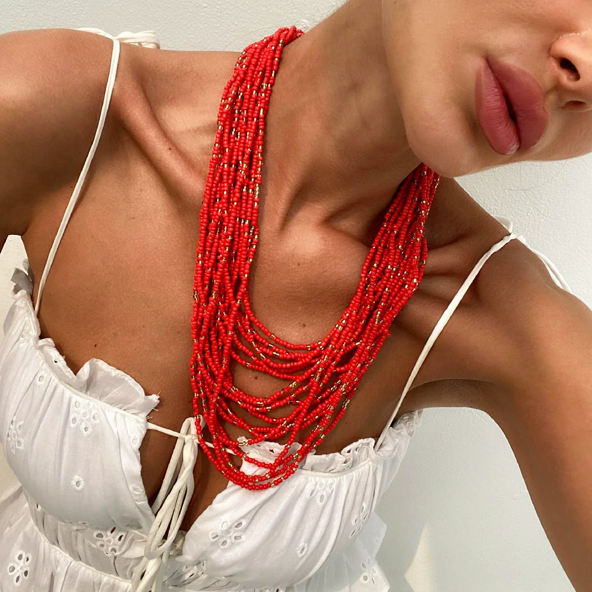 Beaded Necklace Rice Beads Geometric Handmade Exaggerated Stylish Multilayer Women's - Image 2