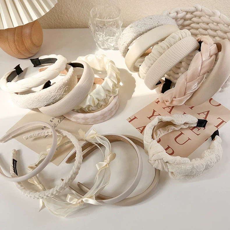 Beige Cream Cloth Handmade Wide Edge Headband - Image 2