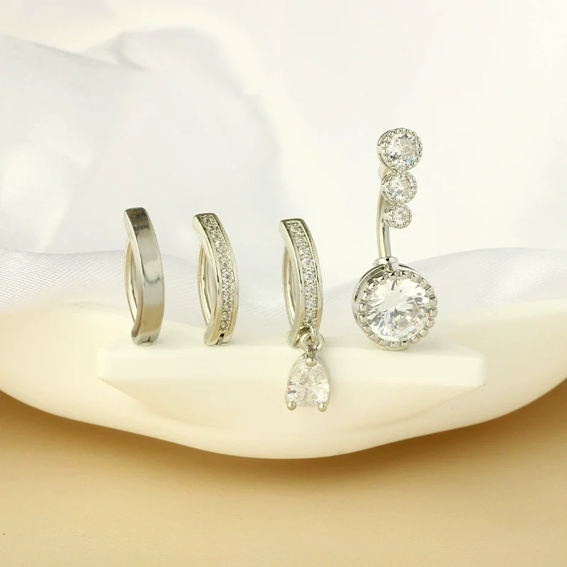 Belly Button Ring Stainless Steel Zircon Geometric Electroplating Unisex Body Puncture Jewelry Set - Image 3