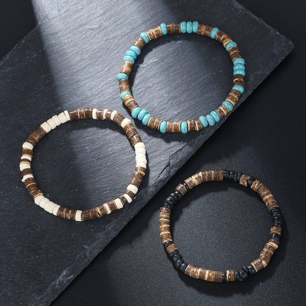 Bohemian Style Handmade Geometric Wooden Bead And Coconut Shell Bracelet For Men And Women - Image 3