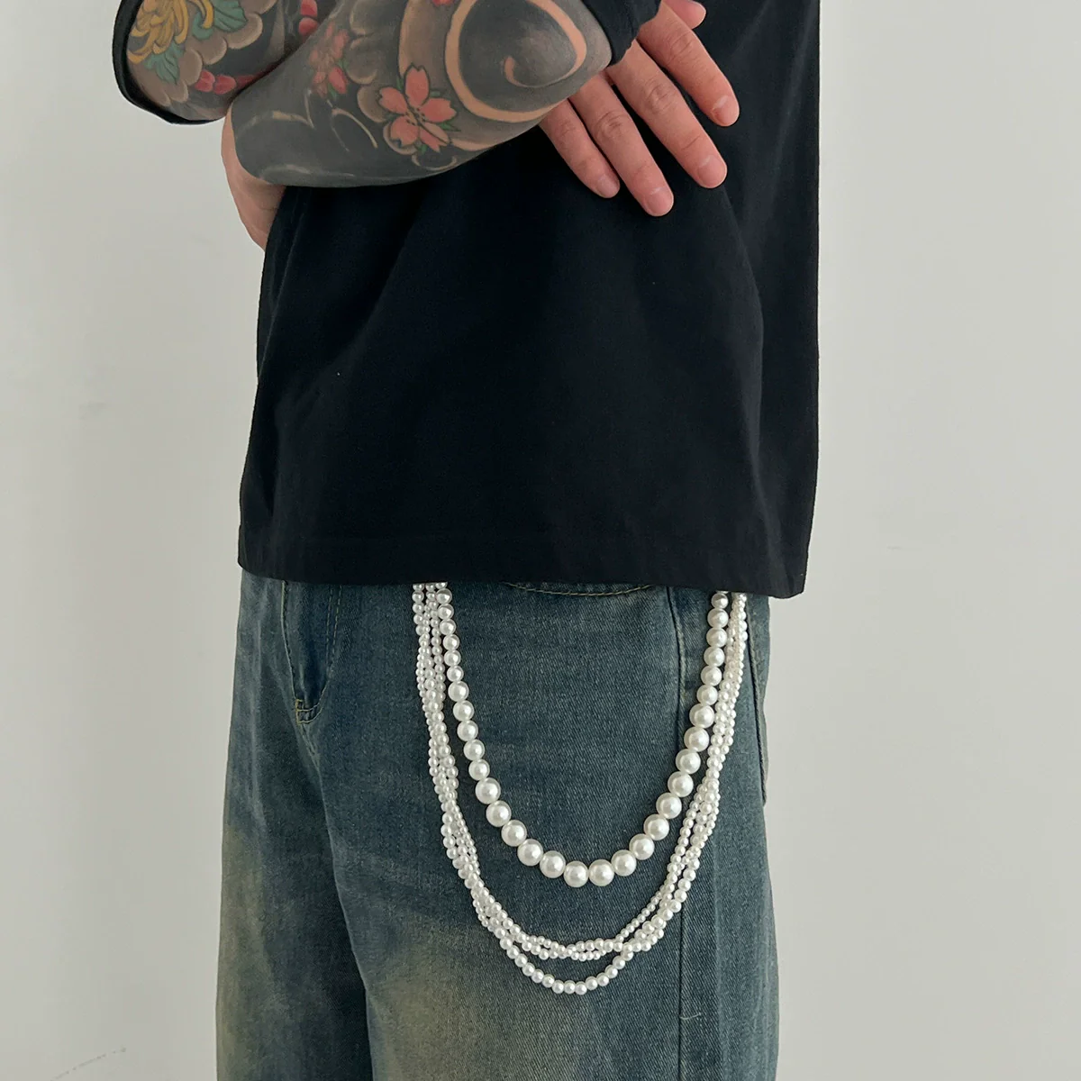 Boys Jeans Accessories Hiphop Winding Imitation Pearl Pants Chain With Buttons And Double Circle Belt Loops - Image 3