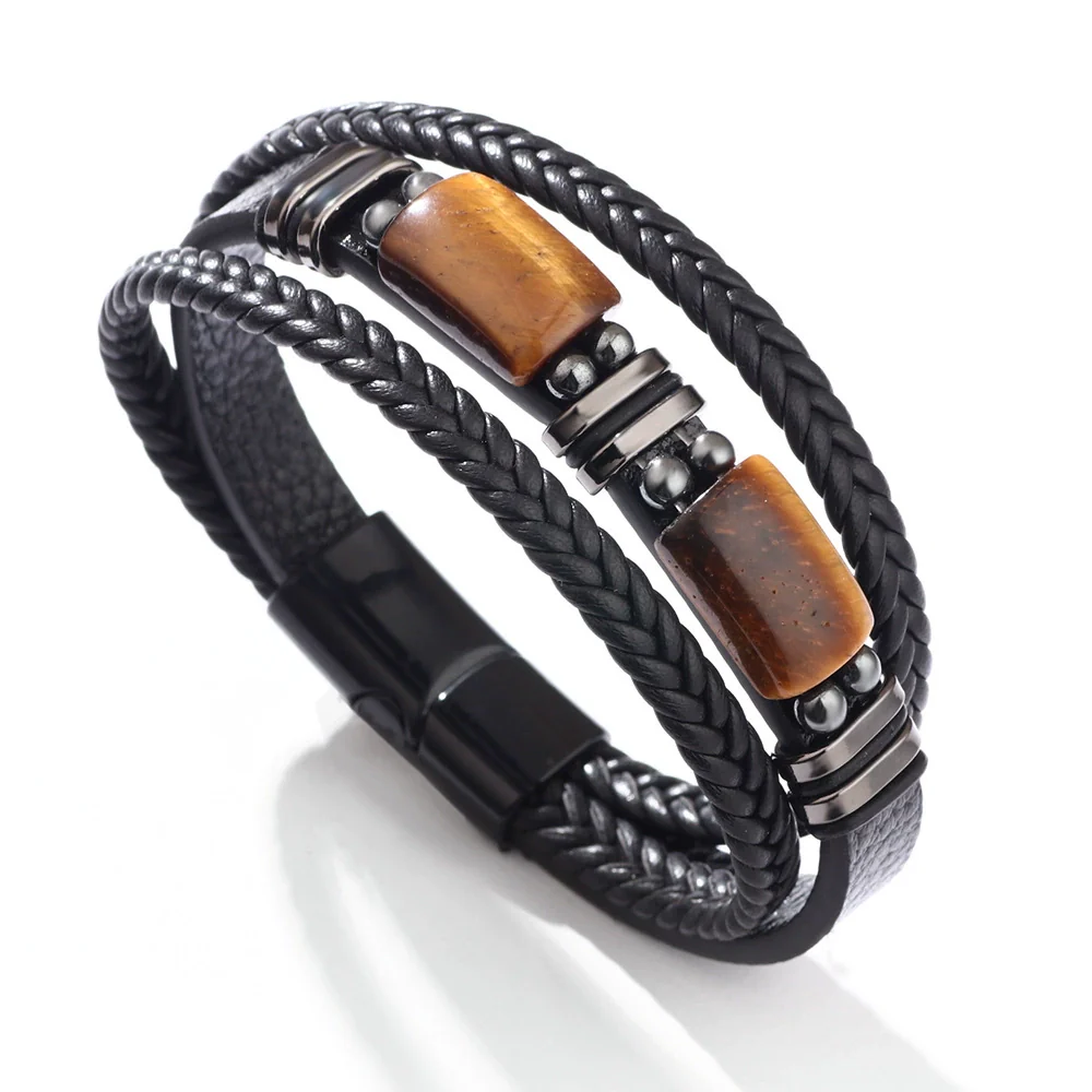 Bracelet Alloy Multilayer Leather Tiger Eye Handmade Geometric Style Unisex - Image 5