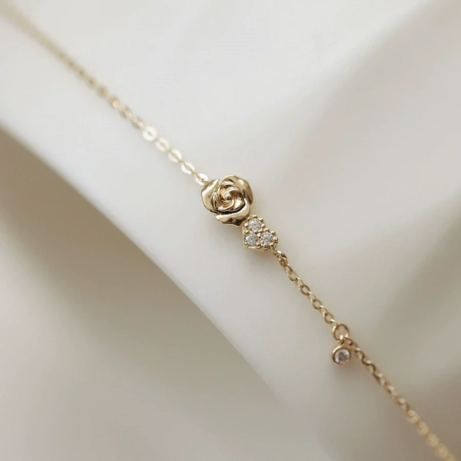 Bracelet Heartshaped S925 Sterling Silver Plated 14K Gold French Women's Diamond Flower Style - Image 2
