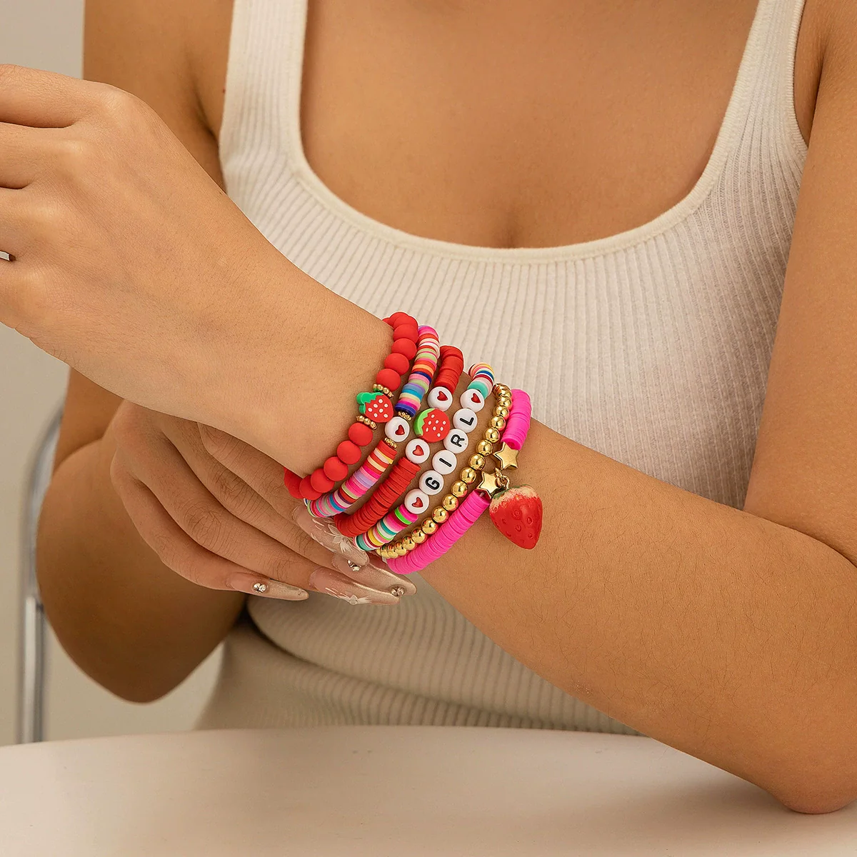 Bracelet Polymer Clay Beaded Strawberry Letter Electroplated Women's - Image 2