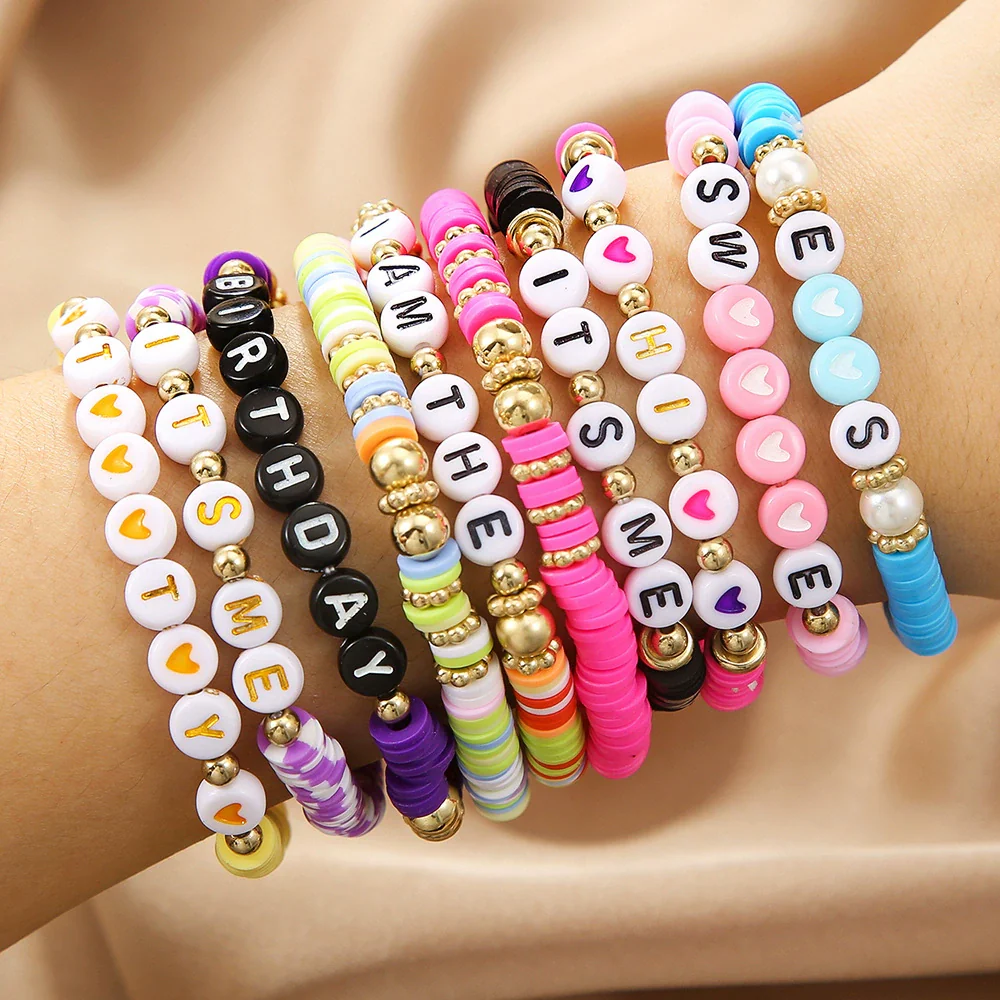 Bracelet Polymer Clay Flakes Copper Beads Acrylic Geometric Letter Handmade Unisex - Image 16