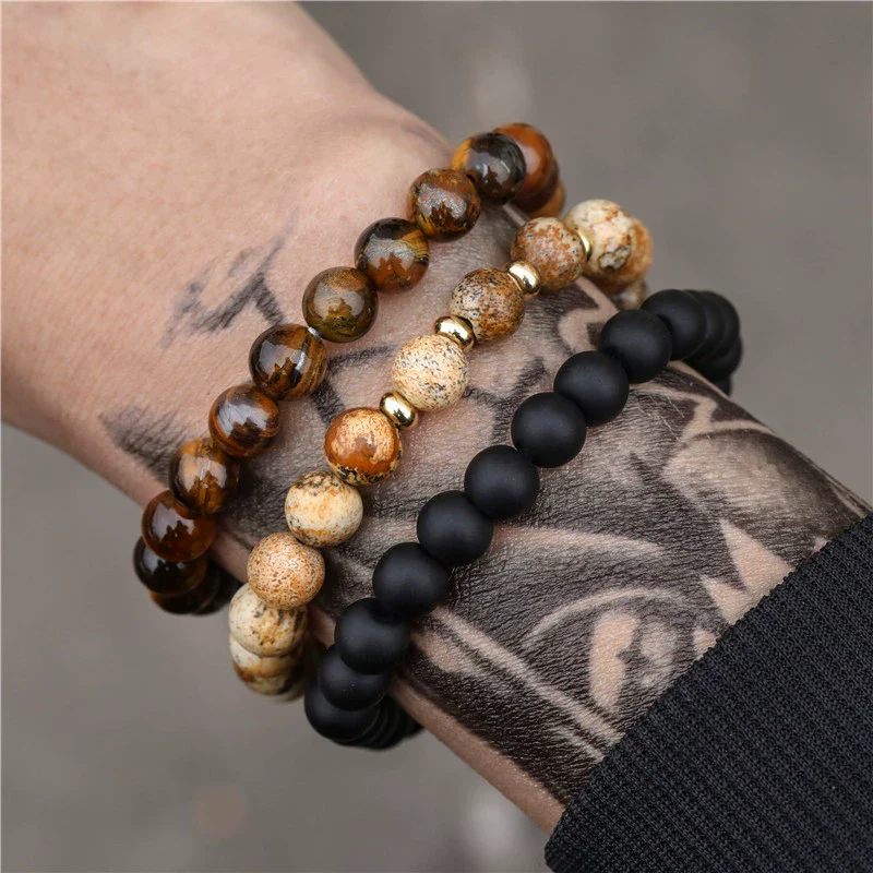 Bracelet Set Black Frosted Map Wood Beads Black Iron Stone Geometric Handmade - Image 16