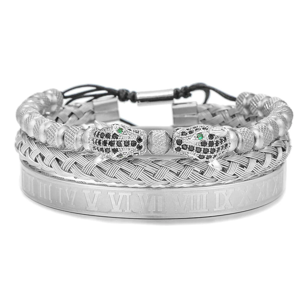 Bracelet Stainless Steel Copper Alloy Microinlaid Zircon Double Leopard Head Black Onyx Geometric Electroplating Style For Men - Image 26