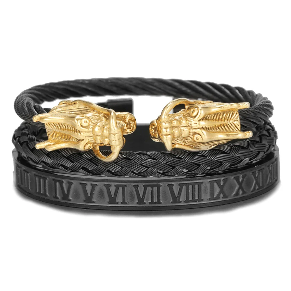 Bracelet Stainless Steel Copper Alloy Microinlaid Zircon Double Leopard Head Black Onyx Geometric Electroplating Style For Men - Image 33