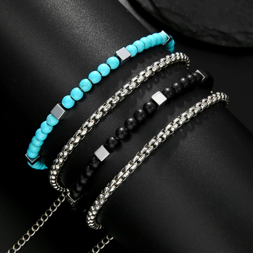 Bracelet Turquoise Black Gallstone Chain Round Handmade Fashion Bohemian Style Unisex - Image 4