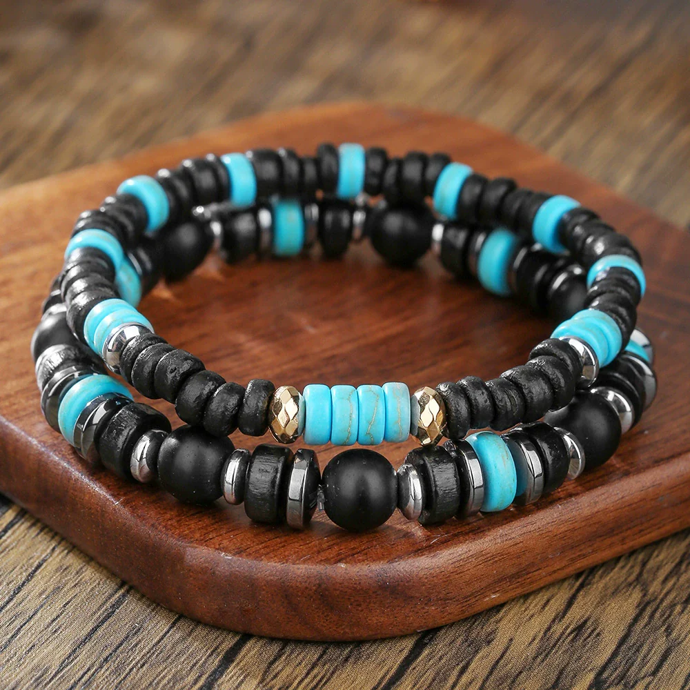 Bracelet Wooden Bead Turquoise Black Magic Sand Geometric Handmade Trendy Hiphop Highend Unisex - Image 3