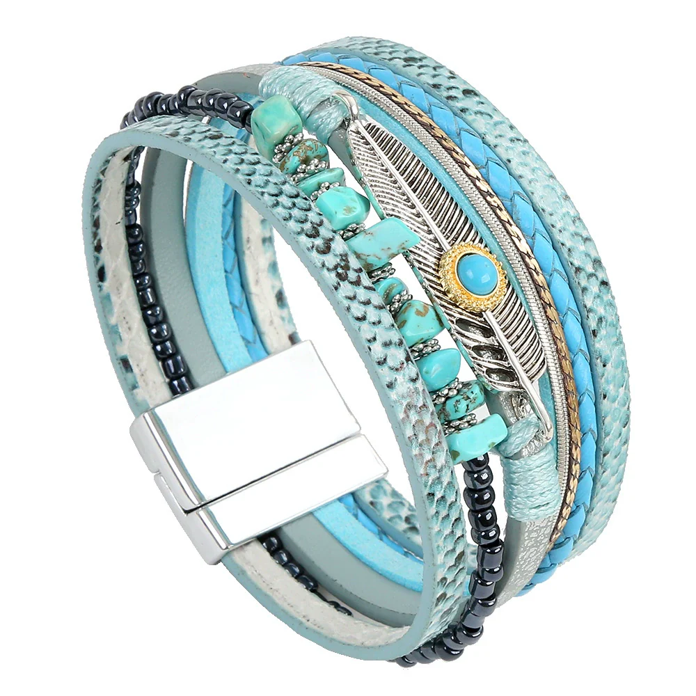 Bracelets Leather Crystal Feather Braided Geometric Electroplated For Women And Men - Image 12