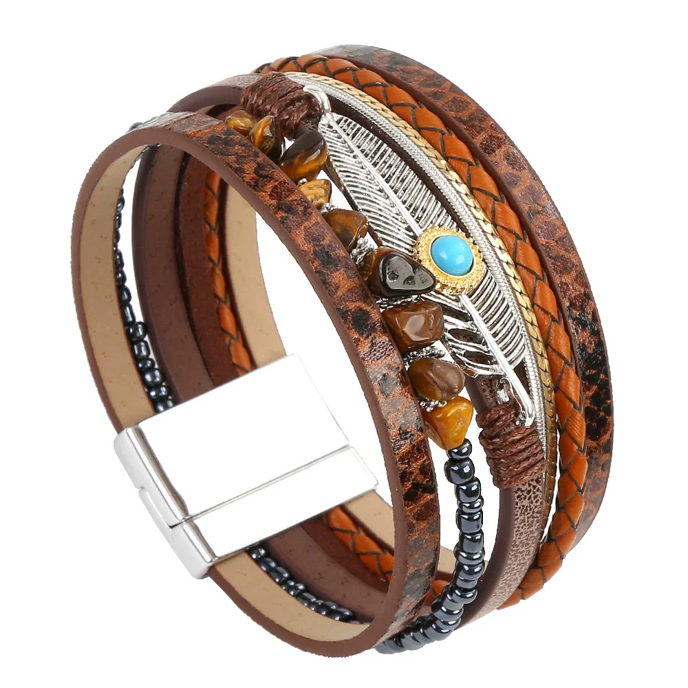 Bracelets Leather Crystal Feather Braided Geometric Electroplated For Women And Men - Image 8