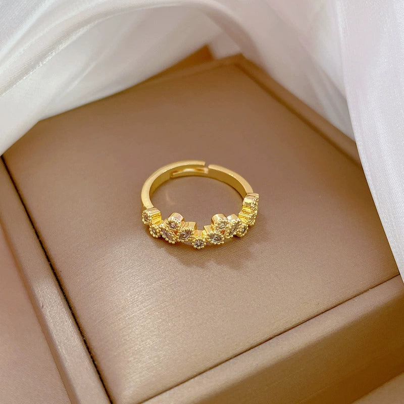 Brass Leaf Zircon Ring With The Crown Pattern Electroplated Adjustable Cartoon Style For Women - Image 4