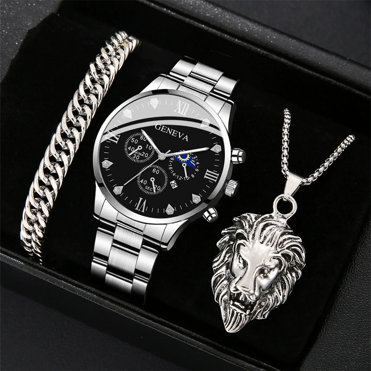 Business Men's Alloy And Stainless Steel Band Watch With Round Dial And Horseshoe Buckle Jewelry Set - Image 2