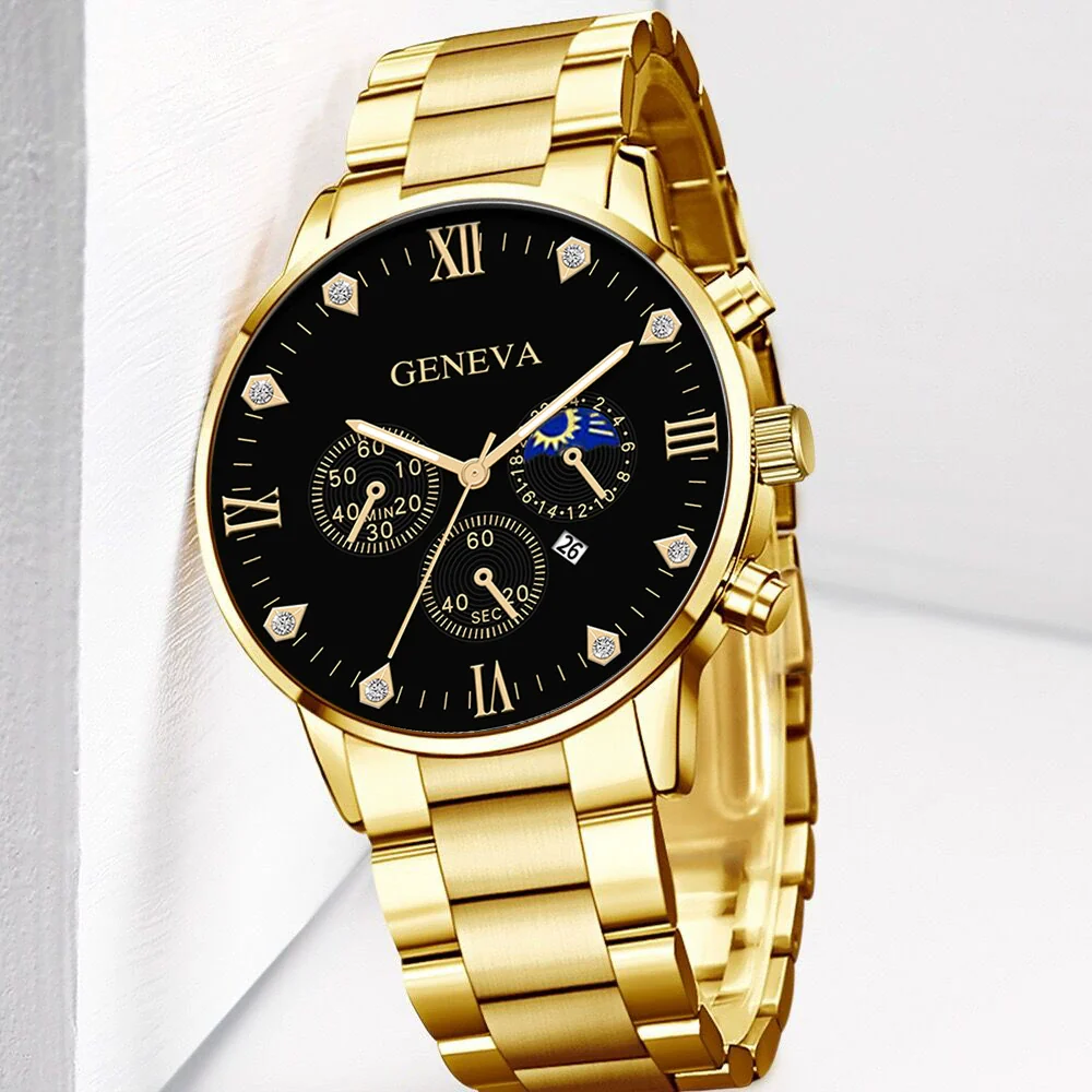 Business Men's Alloy And Stainless Steel Band Watch With Round Dial And Horseshoe Buckle Jewelry Set - Image 3