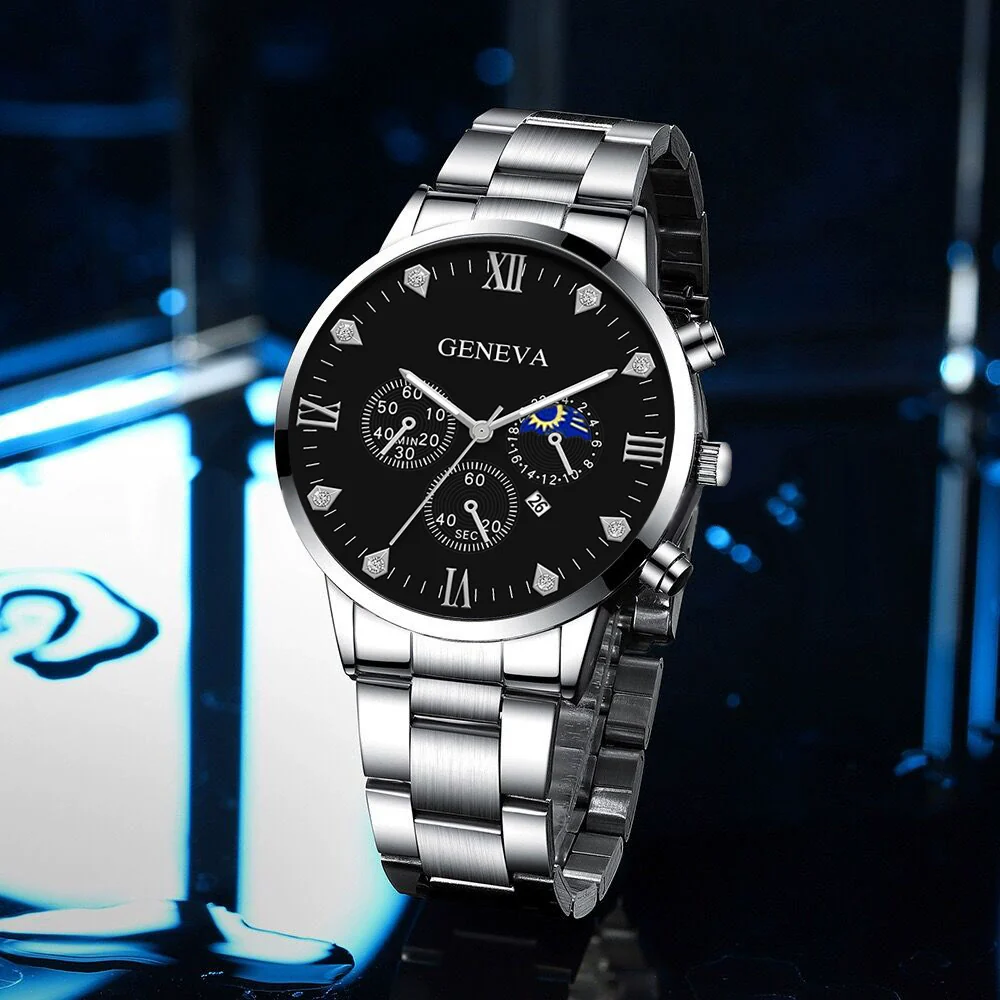 Business Men's Alloy And Stainless Steel Band Watch With Round Dial And Horseshoe Buckle Jewelry Set - Image 4