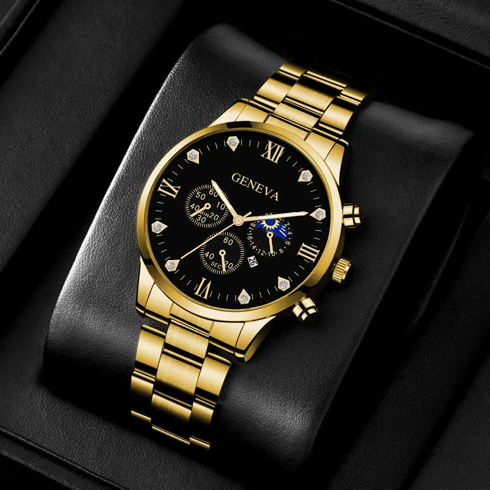 Business Men's Alloy And Stainless Steel Band Watch With Round Dial And Horseshoe Buckle Jewelry Set - Image 6