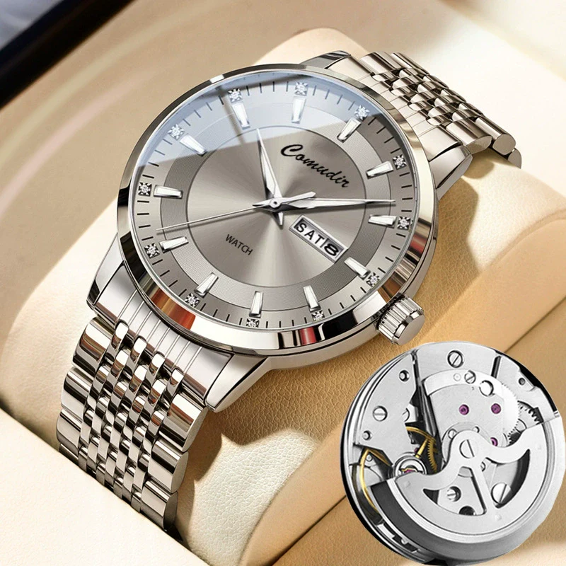 Business Men's Alloy And Stainless Steel Fully Automatic Mechanical Hollow Waterproof Luminous Dual Calendar Round Dial Watch - Image 2