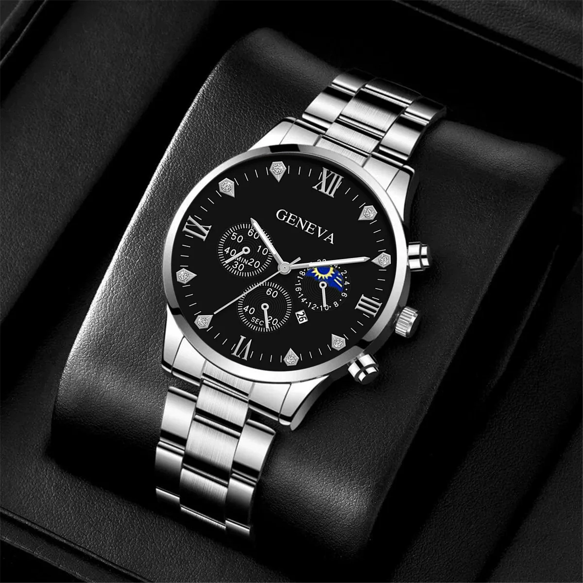 Business Men's Alloy Case Stainless Steel Band Round Dial Watch Jewelry Set - Image 6