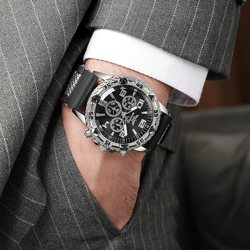 Business Men's Casual Quartz Watch With Fake Threeeye Dial Alloy Case And Strap Stainless Steel Buckle Round Dial - Image 2