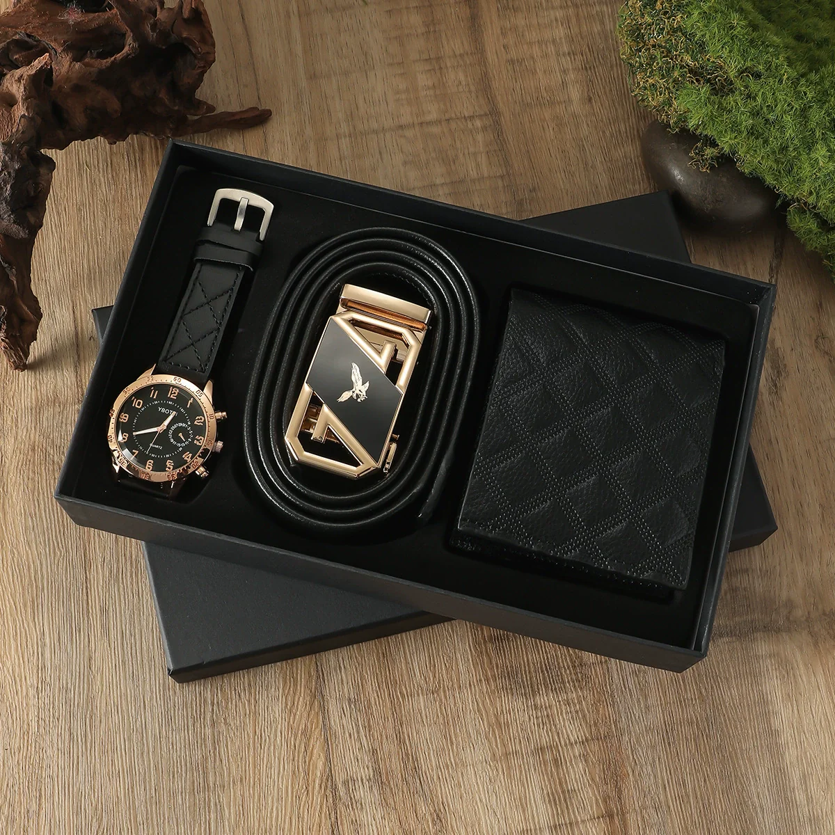 Business Style Alloy Case Stainless Steel Clasp Imitation Leather Strap Round Dial Male Gift Set With Belt Purse Tie Perfume Cufflinks Quartz Watch Pen - Image 11