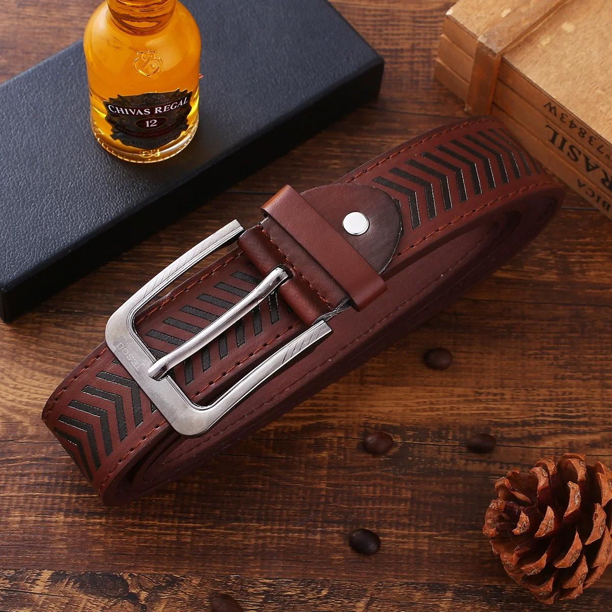Business Style Alloy Case Stainless Steel Clasp Imitation Leather Strap Round Dial Male Gift Set With Belt Purse Tie Perfume Cufflinks Quartz Watch Pen - Image 2