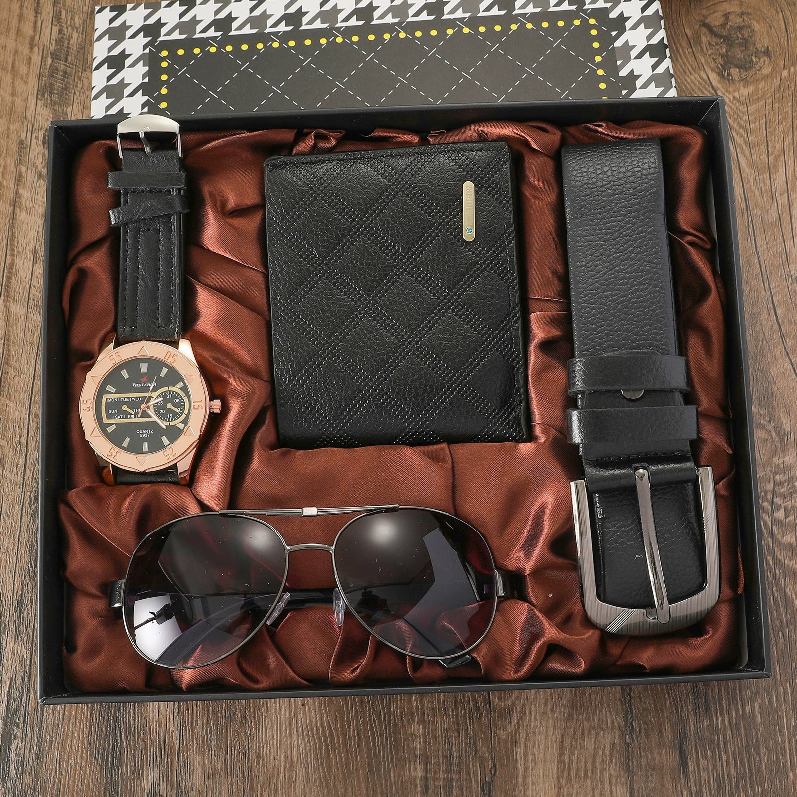 Business Style Alloy Case Stainless Steel Clasp Imitation Leather Strap Round Dial Male Gift Set With Belt Purse Tie Perfume Cufflinks Quartz Watch Pen - Image 7