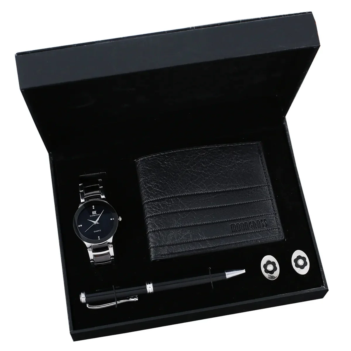 Business Style Alloy Case Stainless Steel Clasp Imitation Leather Strap Round Dial Male Gift Set With Belt Purse Tie Perfume Cufflinks Quartz Watch Pen - Image 9