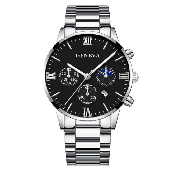 Business Style Men's Alloy Watch With Fake Three Eye Calendar Roman Scale And Round Dial - Image 4