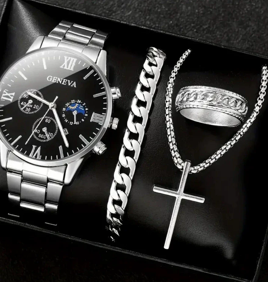 Business Style Men's Alloy Watch With Fake Three Eye Calendar Roman Scale And Round Dial - Image 9