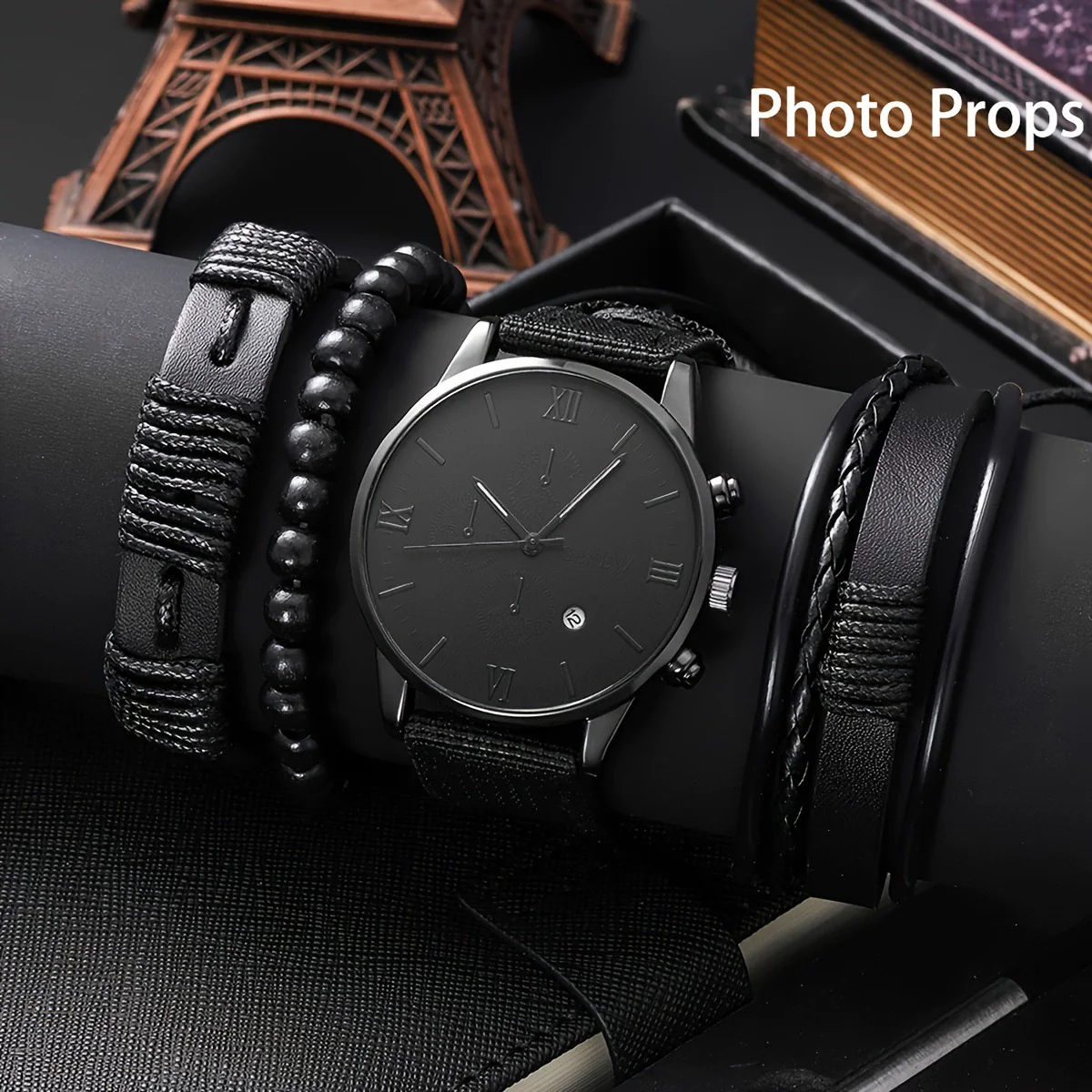 Canvas Alloy Watch Bracelet Set Round Dial Men's Quartz Watch - Image 2