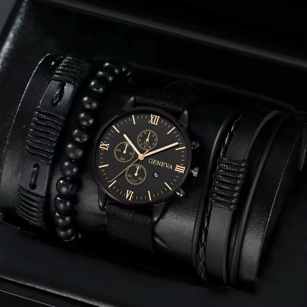 Canvas Alloy Watch Bracelet Set Round Dial Men's Quartz Watch - Image 3