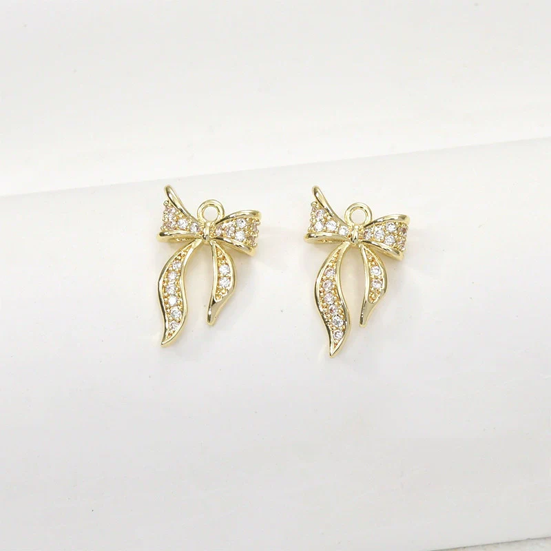 Copper 14K Gold Plated Mini Zircon Ribbon Bow Shape Jewelry Pendant Accessories - Image 2