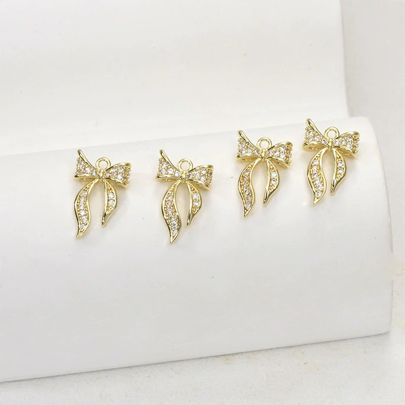 Copper 14K Gold Plated Mini Zircon Ribbon Bow Shape Jewelry Pendant Accessories - Image 3