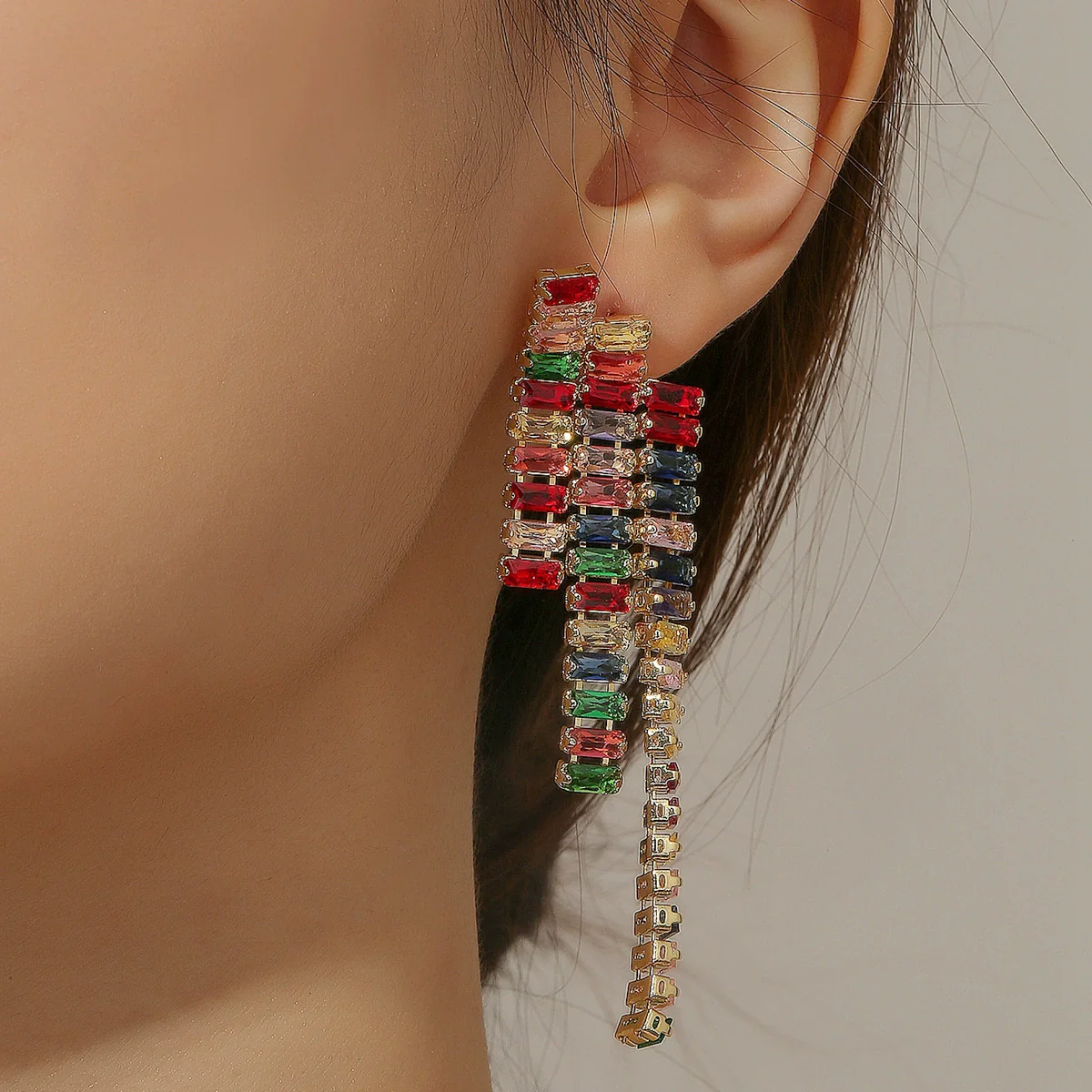 Copper Geometric Rhombus Zircon Earrings Set With Diamonds For Women - Image 3