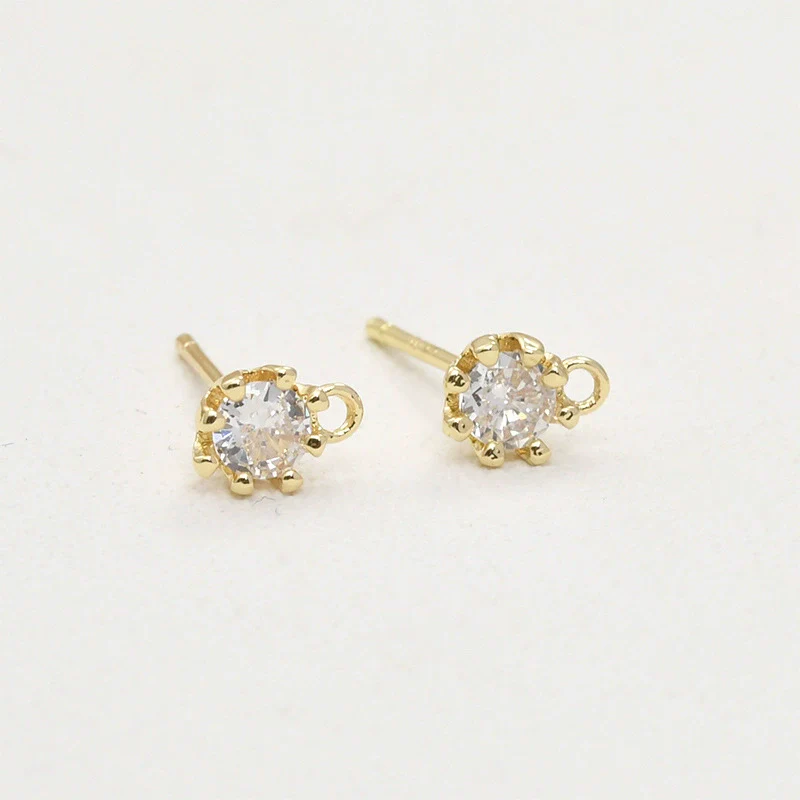 Copper Jewelry Accessories Material For Earrings With Geometric Style Round Zircon And Silver Needle Lug Needle Electroplated 14K Gold Color - Image 3